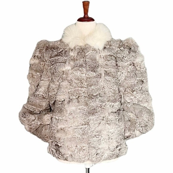 Vintage 80s Rabbit Fur Fox Tail Short Jacket Coat Made in Hong Kong Size Small - Picture 1 of 15